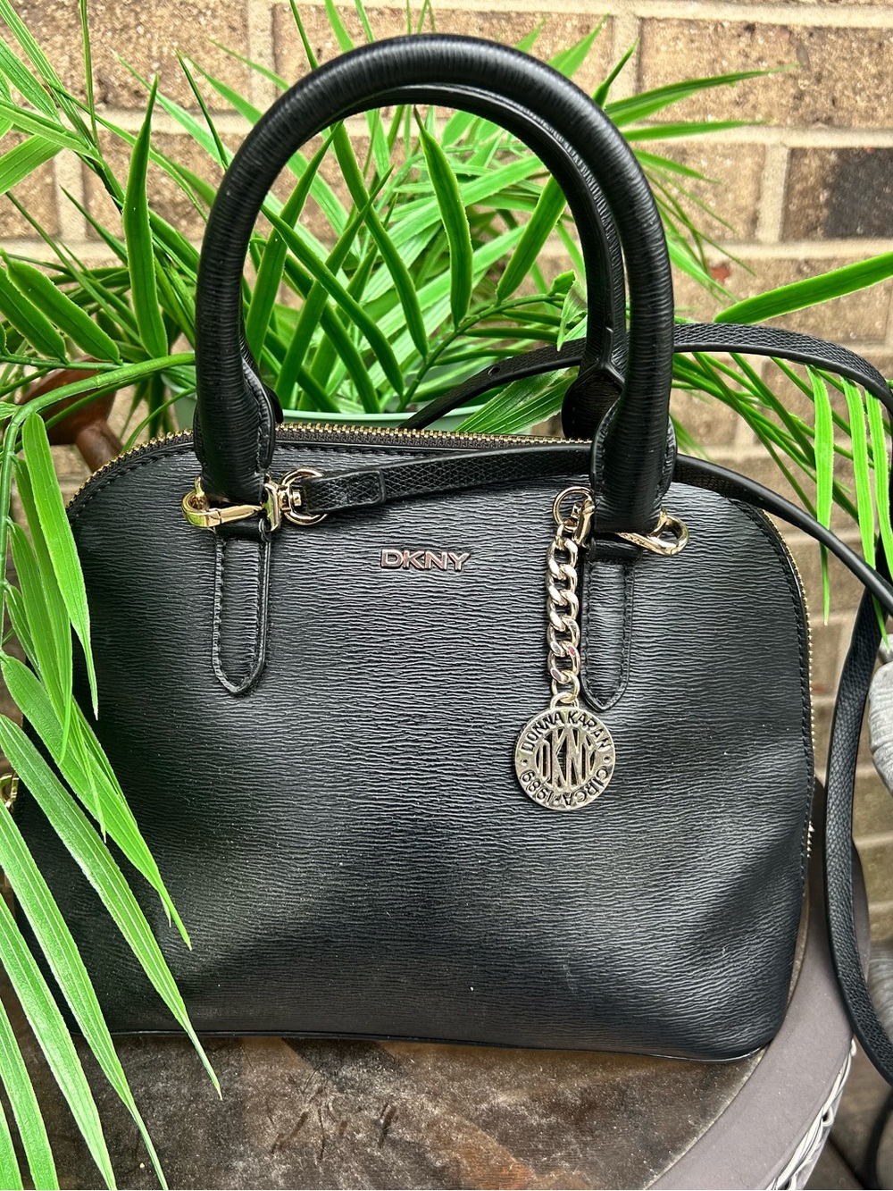 DKNY Black Saffiano-Style Dome Satchel with Gold Hardware